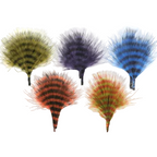 Five colorful MFC Barred Marabou 3"-5" Feathers on a white background