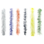 Set of six feathered MFC Sparkle Minnow Body Brushes in different colors on a white background