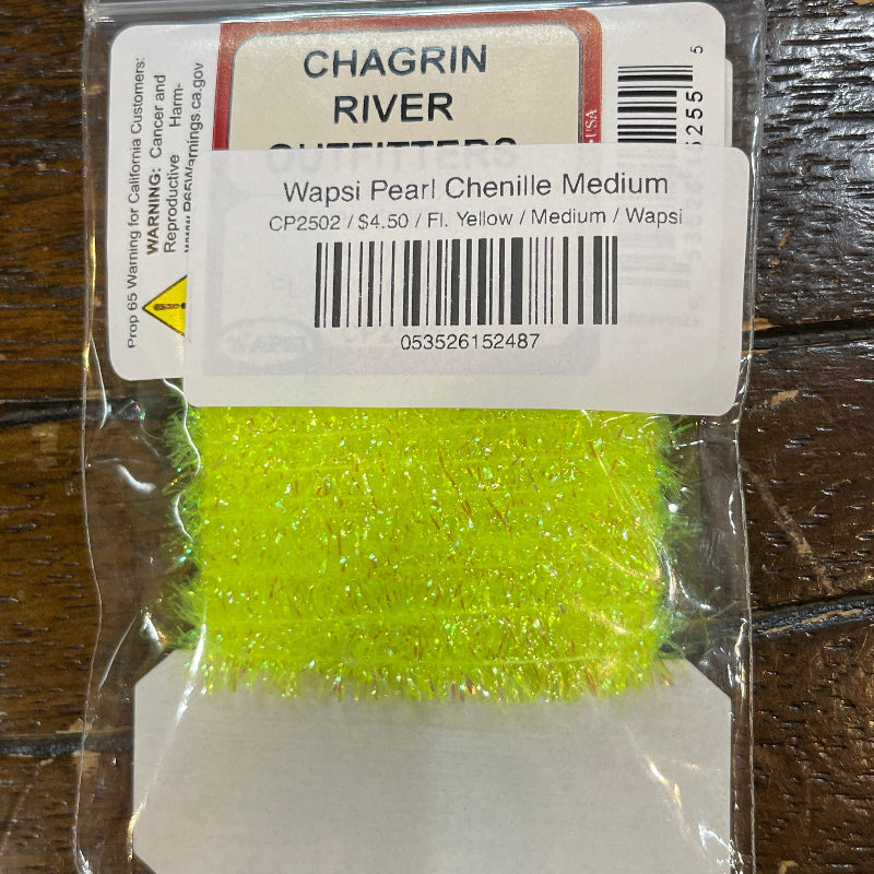 Packaged yellow Wapsi Pearl Chenille Medium with Chagrin River label on a wooden surface