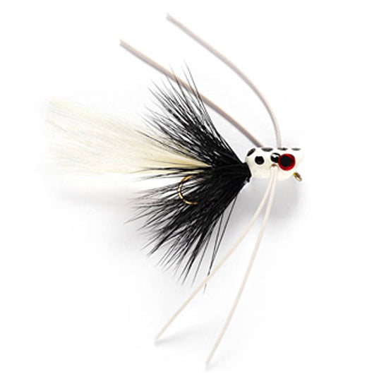 Fishing fly with black and white pattern on a white background