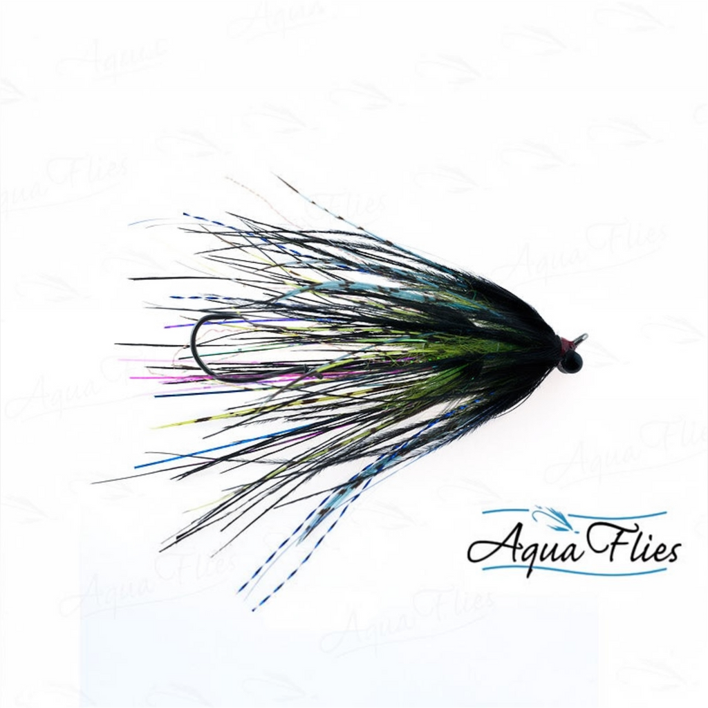 Fishing fly with multicolored fibers on a white background, branded 'Aqua Flies'.