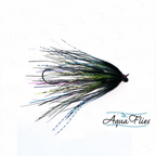Fishing fly with multicolored fibers on a white background, branded 'Aqua Flies'.