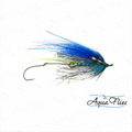 A fly fishing lure with a silver hook, blue and green body feathers, and black hackle feathers, shown on a white background with AquaFlies branding.