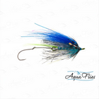 A fly fishing lure with a silver hook, blue and green body feathers, and black hackle feathers, shown on a white background with AquaFlies branding.