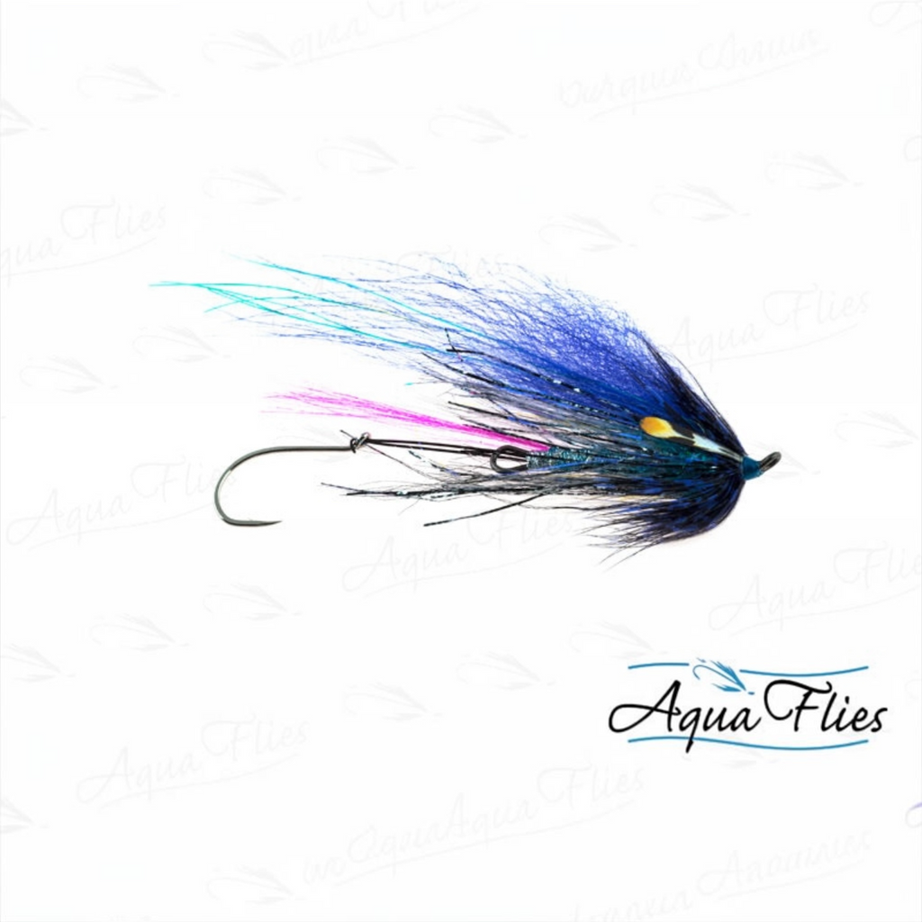 A single fly fishing lure with a dark blue and black feather body, a bright pink tail, turquoise fibers, and a silver hook, shown on a white background with AquaFlies branding.