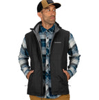 Man wearing a plaid shirt, black Simms MEN's Fall Run Insulated Vest w/CRO Logo, and tan pants with a white background