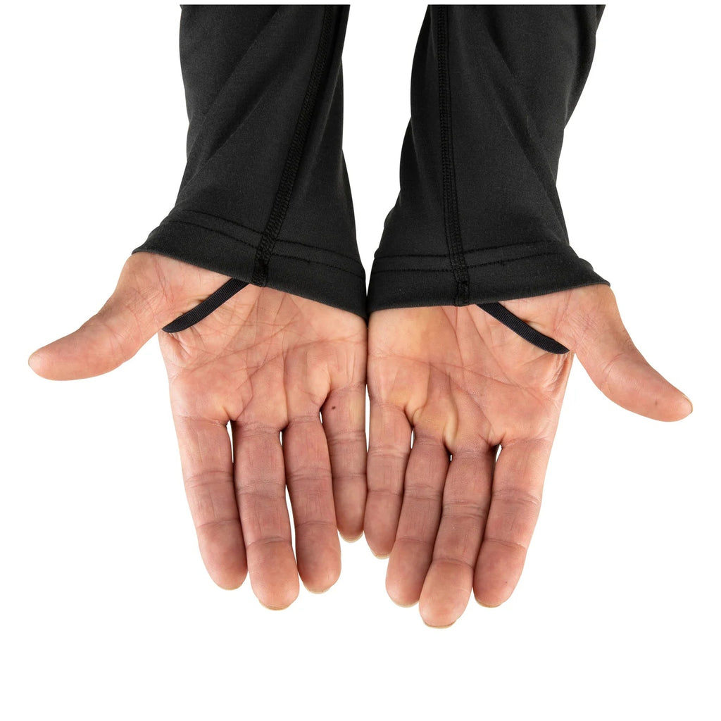 Black wrist wraps on hands against a white background