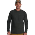 Man wearing a black long-sleeve shirt with a logo on a white background