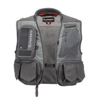 Gray fishing vest with multiple pockets and a visible brand logo on a white background