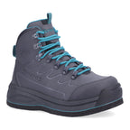 Gray Simms WOMEN's Freestone Wading Boot - Felt Soles with blue laces on a white background