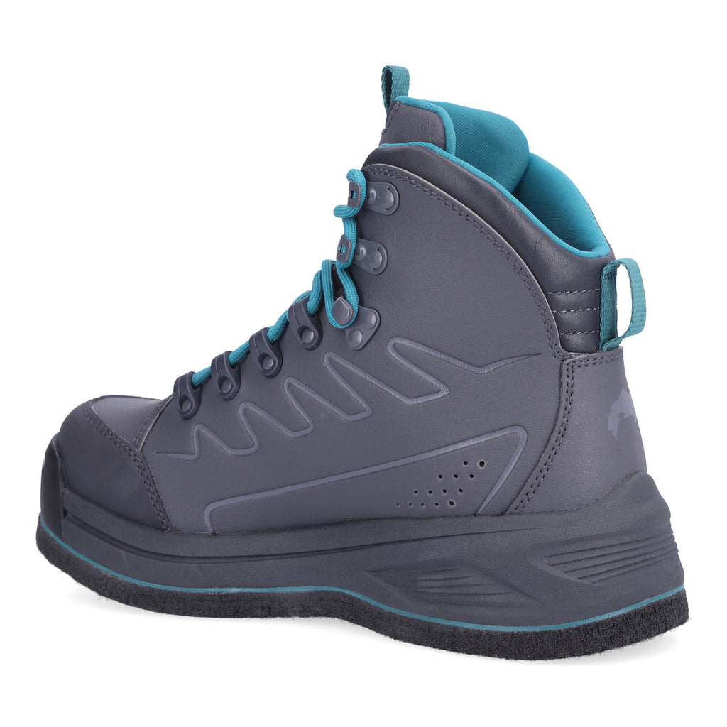 Gray Simms WOMEN's Freestone Wading Boot - Felt Soles with teal accents on a white background