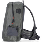 Gray Simms Dry Creek Z Backpack with orange 'Simms' logo on a white background