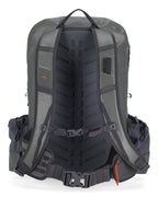 Gray Simms Dry Creek Z Backpack with orange 'Simms' logo on a white background