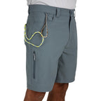 Gray Simms MEN's Skiff Shorts with a pocket containing a yellow object on a white background