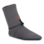 A pair of gray Simms Guide Guard socks designed for use with wading boots, featuring perforated neoprene underfoot for drainage and an anatomically correct pattern.