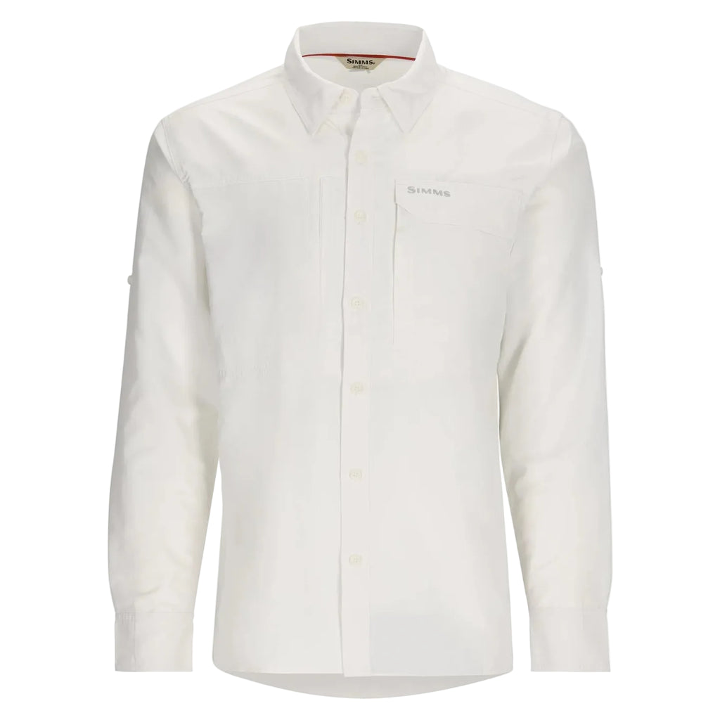 White Simms MEN's Guide Fishing Shirt with brand logo on a white background