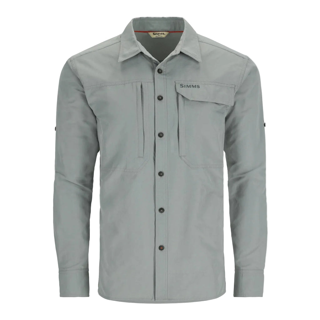 Gray Simms MEN's Guide Fishing Shirt with button details on a white background