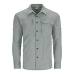 Gray Simms MEN's Guide Fishing Shirt with button details on a white background