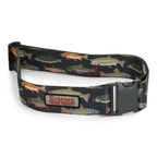 Simms Wading Belt - 2"with fish pattern and Simms logo on a white background
