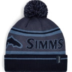 Blue and black beanie with pom-pom and Simms logo on a white background