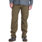 Person wearing olive green Simms MEN's Rogue Softshell Pants and a gray shirt on a white background