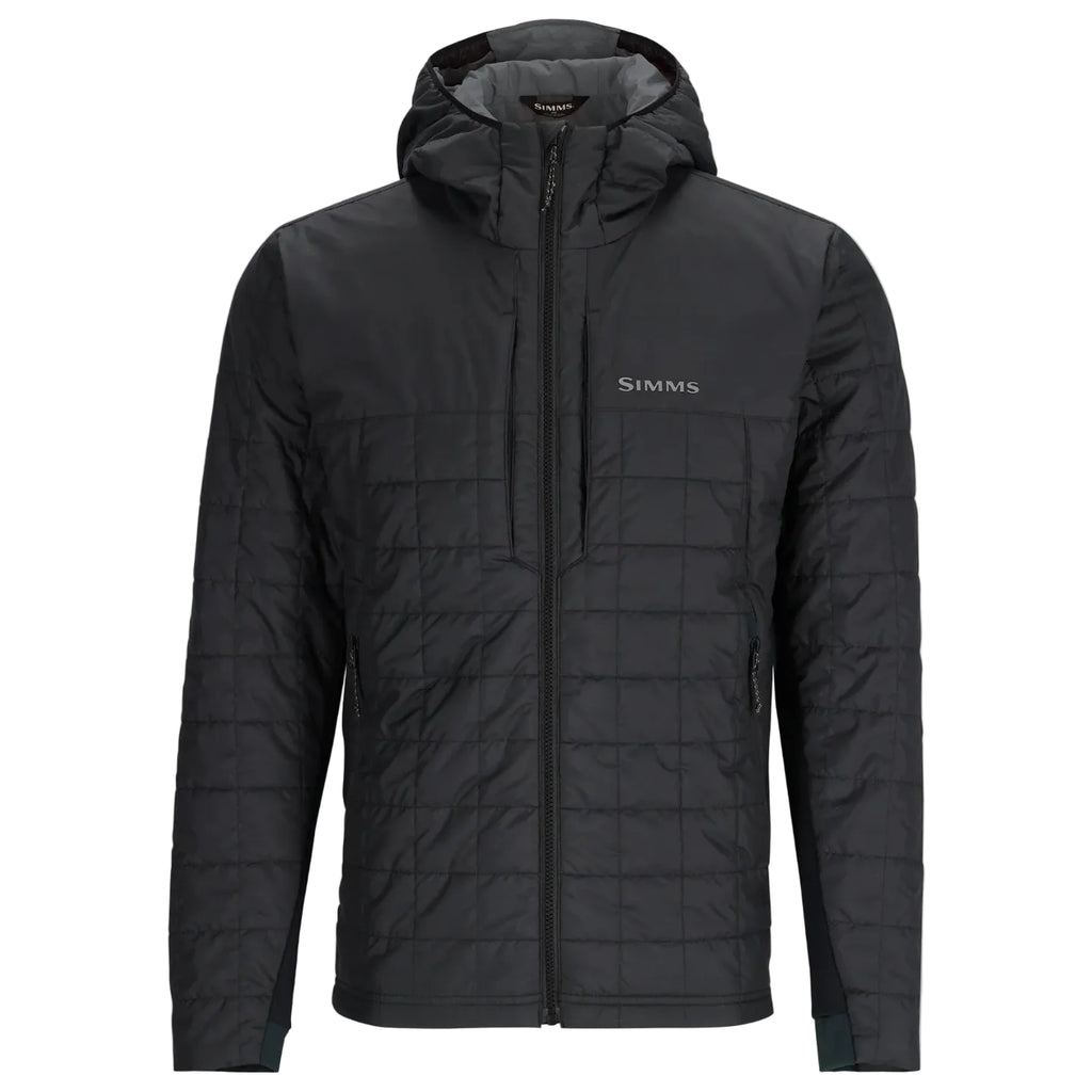 Black quilted Simms MEN's Fall Run Hybrid Hoody w/CRO Logo on a white background