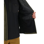 Close-up of a black jacket with a person holding it open on a white background