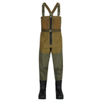 Brown and green Simms M's Freestone Z Bootfoot Waders - Rubber Sole with black boots on a white background
