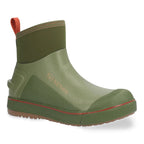Green rubber Simms MEN's Challenger 7" Deck Boot with red accents on a white background