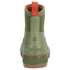 Green rubber Simms MEN's Challenger 7" Deck Boot with orange trim on a white background