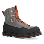 Gray and black Simms MEN's G3 Guide Wading Boot - Vibram Soles with orange laces on a white background