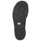 Close-up of a black Simms MEN's G3 Guide Wading Boot - Vibram sole with a yellow logo on a white background