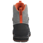 Back view of a gray and black Simms MEN's G3 Guide Wading Boot - Vibram Soles with orange accents on a white background