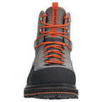 Gray and black Simms MEN's G3 Guide Wading Boot - Vibram Soles with orange laces on a white background