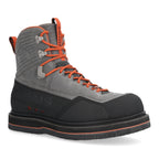A pair of Simms G3 Guide Wading Boots with orange laces, felt soles, and a black upper.