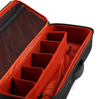 Black Simms Tailwind Rod & Reel Vault with red interior compartments on a white background