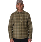 Man wearing a plaid Simms MEN's Coldweather Shacket w/CRO Logo and cap on a white background