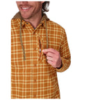 Man wearing a yellow plaid shirt with a hood on a white background