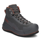 A pair of Simms Men's Flyweight Wading Boots with felt soles and lace-up closure, primarily gray with orange accents.