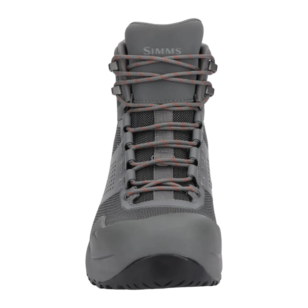 Gray hiking boot with laces on a white background, featuring the Simms brand.