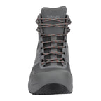 Gray hiking boot with laces on a white background, featuring the Simms brand.