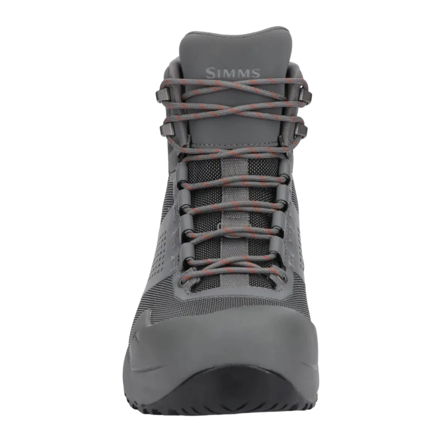 Gray hiking boot with laces on a white background, featuring the Simms brand.