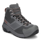 Gray hiking boot with brand logo on a white background