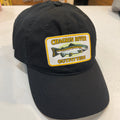 Black cap with Chagrin River Outfitters patch featuring a fish on a white surface.