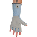 Gray and light blue fingerless Simms Solarflex Guide Glove on a white background