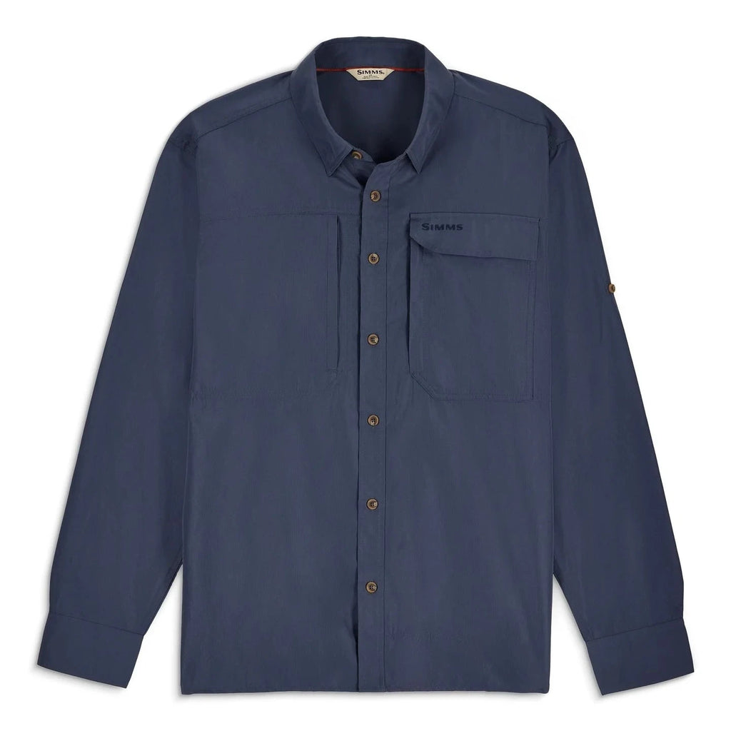 Blue button-up Simms MEN's Guide Fishing Shirt with a pocket on a white background