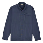 Blue button-up Simms MEN's Guide Fishing Shirt with a pocket on a white background