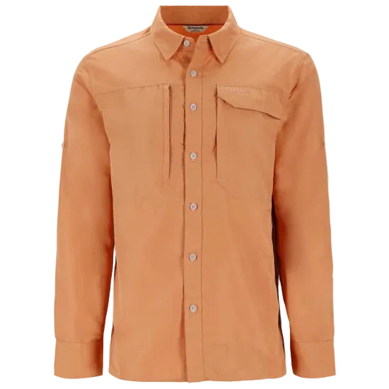 A long-sleeved men's Simms MEN's Guide Fishing Shirt with a camouflage pattern in brown tones, featuring a pointed collar, button-front closure, and roll-up sleeves.