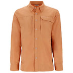 A long-sleeved men's Simms MEN's Guide Fishing Shirt with a camouflage pattern in brown tones, featuring a pointed collar, button-front closure, and roll-up sleeves.