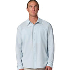 Man wearing a light blue Light blue Simms MEN's Men's Launch LS Shirt on a white background.
